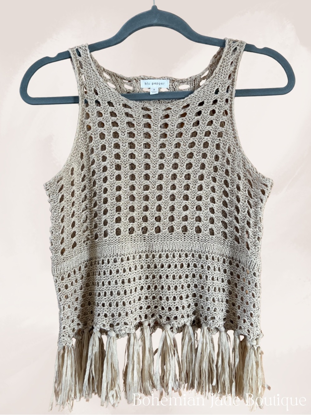 Blu Pepper Crochet Fringe Tank Top Women’s Small Beige Boho Open Knit - Picture 2 of 6